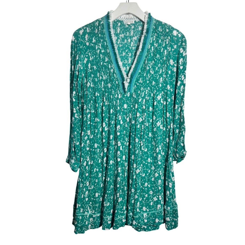 Poupette St Barth Sasha Green Floral Pintuck Fringe VNeck Mini Dress Women S
